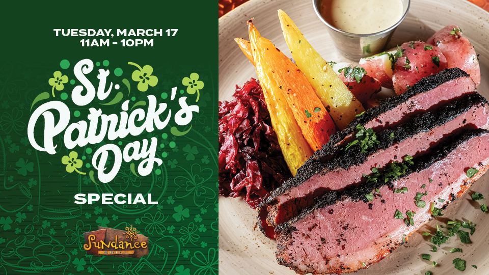 St. Patrick's Day Special at Sundance Grill, image of corned beef with potatoes, cabbage and carrots