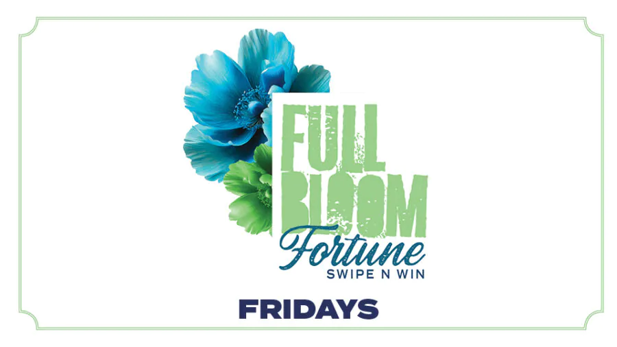 Full Bloom Fortune Swipe N Win, graphic of green and blue flowers