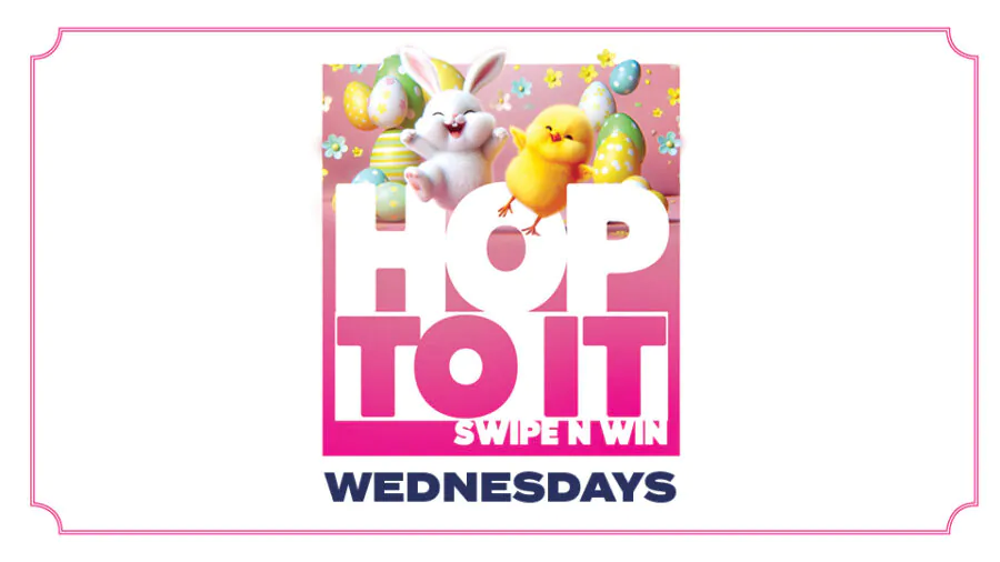 Hop To It Swipe N Win, Easter graphic with a bunny, chick and eggs