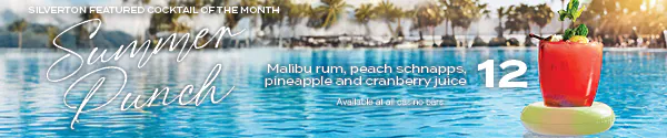 Summer Punch, May featured cocktail at Silverton Casino; image of red cocktail floating in a pool